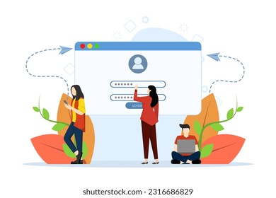 Browse online listings. Registration or register user interface. Users use secure logins and passwords. Online registration collection, sign. flat vector illustration on white background.