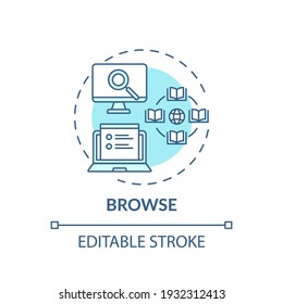 Icono de concepto de proceso de exploración. Ilustración de línea delgada de los tipos de búsqueda de bibliotecas en línea. Biblioteca digital. Fácil acceso a la información. Dibujo de color RGB con contorno aislado del vector. Trazo editable