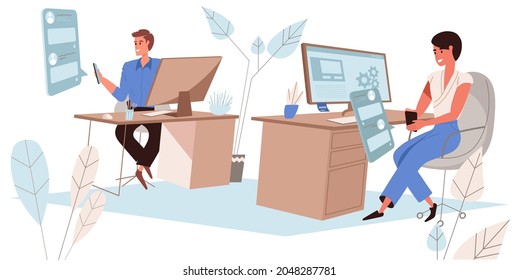 Examinar el concepto de red social en diseño plano. Empleados usan smartphones, miran fotos de amigos, me gusta o comentarios, posponen en el cargo. Escena de personas de comunicación en línea. Ilustración del vector