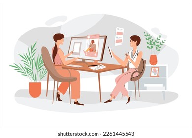 Browse social network orange concept with people scene in the flat cartoon design. Two girls check their social network. Vector illustration.