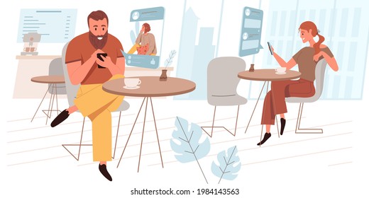 Explorar el concepto web de redes sociales en estilo plano. Hombre y mujer navegando por Internet, chateando en línea, usando teléfonos inteligentes en el café. Escena de actividades de personajes. Ilustración vectorial para la plantilla de sitio web