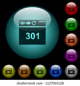 Browser 301 Moved Permanently icons in color illuminated spherical glass buttons on black background. Can be used to black or dark templates