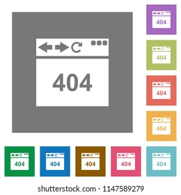 Browser 404 page not found flat icons on simple color square backgrounds