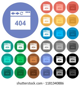 Browser 404 page not found multi colored flat icons on round backgrounds. Included white, light and dark icon variations for hover and active status effects, and bonus shades.