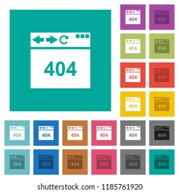 Browser 404 page not found multi colored flat icons on plain square backgrounds. Included white and darker icon variations for hover or active effects.