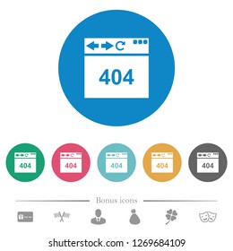 Browser 404 page not found flat white icons on round color backgrounds. 6 bonus icons included.