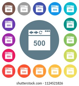 Browser 500 internal server error flat white icons on round color backgrounds. 17 background color variations are included.