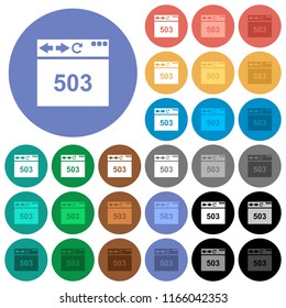 Browser 503 Service Unavailable multi colored flat icons on round backgrounds. Included white, light and dark icon variations for hover and active status effects, and bonus shades.