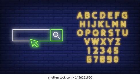 Browser address bar and arrow cursor neon sign. User interface icons design. Night bright neon sign, colorful billboard, light banner. Vector illustration in neon style.