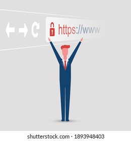 Browser Address Bar Showing Https Protocol - Secure Business Concept with Happy Standing Business Man, Arms Raised