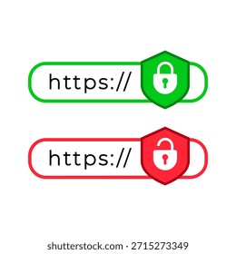 Barras de direcciones del navegador que muestran Direcciones de Web seguras e inseguras aisladas sobre fondo blanco. existencias de Vector