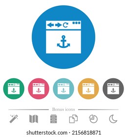 Browser anchor flat white icons on round color backgrounds. 6 bonus icons included.