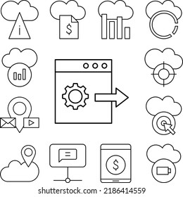 Navegador, flecha, engranaje, icono SEO en una colección con otros elementos