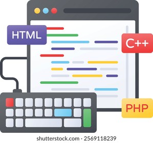 Browser based IDE Editor concept, Code Interpreted connect with Keyboard vector design, Web hosting service Symbol, Computing machines Sign, Internet Application Management stock illustration