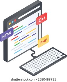 Browser based IDE Editor isometric concept, Code Interpreted connect with Keyboard vector design, Web hosting service Symbol, Computing machines Sign Internet Application Management stock illustration