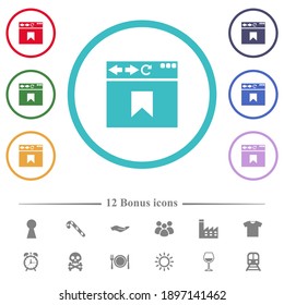 Browser bookmark flat color icons in circle shape outlines. 12 bonus icons included.