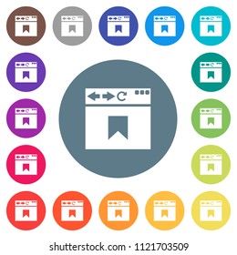 Browser bookmark flat white icons on round color backgrounds. 17 background color variations are included.