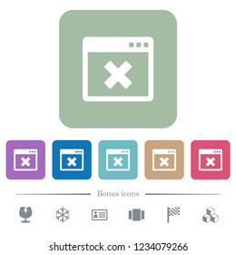 Browser cancel white flat icons on color rounded square backgrounds. 6 bonus icons included