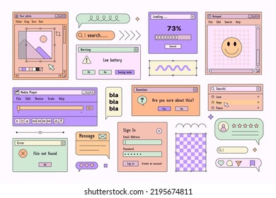 Browser Computer Interface Windows in Vaporwave 90s Style. Retro PC Desktop Template Boxes and Elements. Vector Illustrations Set.