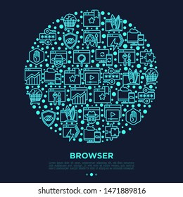 Browser concept in circle with thin line neon icons: add-ons, extension, customize browser, sync between devices, bookmark, private, ad block, password manager, surfing internet. Vector illustration.