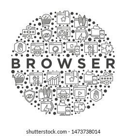 Browser concept in circle with thin line icons: add-ons, extension, customize browser, sync between devices, bookmark, private, ad blocking, password manager, surfing internet. Vector illustration.