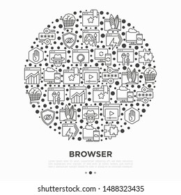 Browser concept in circle with thin line icons: add-ons, extension, customize browser, sync between devices, bookmark, private, ad blocking, password manager, surfing internet. Vector illustration.