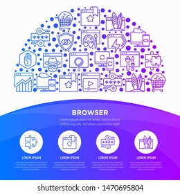 Browser concept in half circle with thin line icons: add-ons, extension, customize browser, sync between devices, bookmark, private, ad block, password manager, surfing internet. Vector illustration