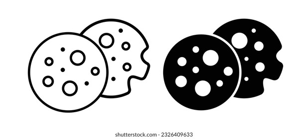 Browser cookies icon set. Website cookies line symbol. Simple chocolate cookie with bite snack sign. Black filled and outlined web cookies.