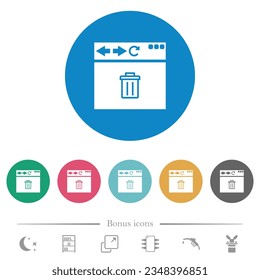 Browser delete flat white icons on round color backgrounds. 6 bonus icons included.