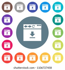 Browser download flat white icons on round color backgrounds. 17 background color variations are included.