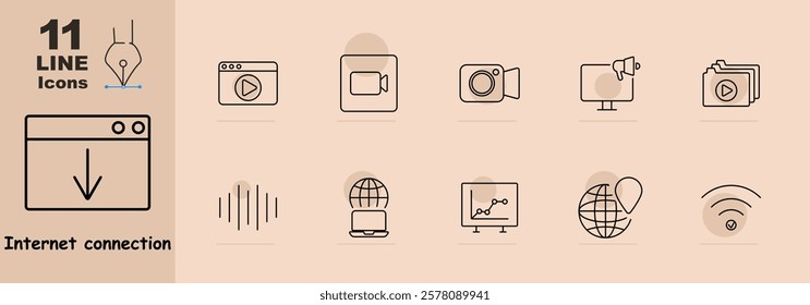 Browser download, video, video call, loudspeaker, video folder, soundwave, laptop with globe, analytics, map with pin, wifi signal. Icons represent multimedia, downloads, and online tools