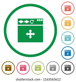 Browser drag and drop flat color icons in round outlines on white background
