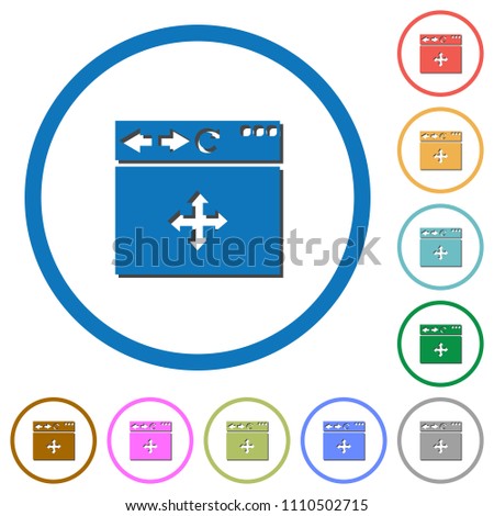 Browser drag and drop flat color vector icons with shadows in round outlines on white background