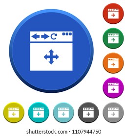 Browser drag and drop round color beveled buttons with smooth surfaces and flat white icons