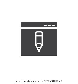 Browser edit vector icon. filled flat sign for mobile concept and web design. Browser window and pencil simple solid icon. Symbol, logo illustration. Pixel perfect vector graphics