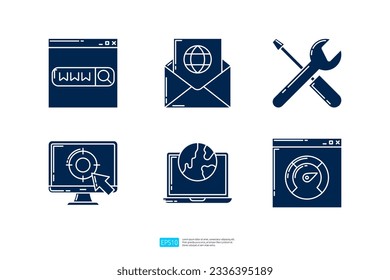 Browser, E-mail marketing, maintenance with spanner screwdriver, Target audience, Website SEO performance measurement. Search Engine Optimization and internet marketing advertising glyph icon set