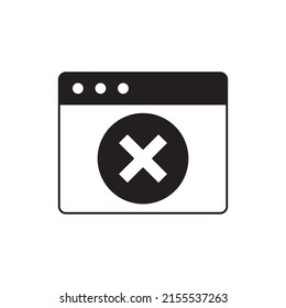 Browser with error sign icon in black flat glyph, filled style isolated on white background
