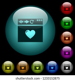 Browser favorite icons in color illuminated spherical glass buttons on black background. Can be used to black or dark templates