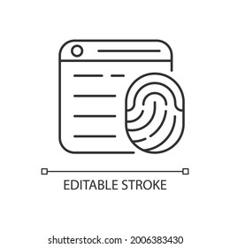 Browser-Fingerabdruck-Linearsymbol. Sammlung von Informationen über Benutzer. Fingerabdruck des Geräts. Dünne, anpassbare Illustration. Contour-Symbol. Vektor-einzelne Rahmenzeichnung. Bearbeitbarer Hub