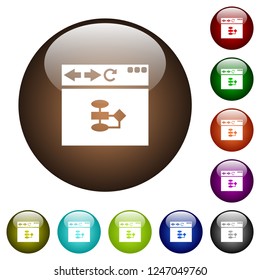 Browser flow chart white icons on round color glass buttons