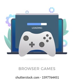 Browser Games flat vector icon. A laptop with an open browser window in which the game loads. The concept of streaming games directly in the web-browser