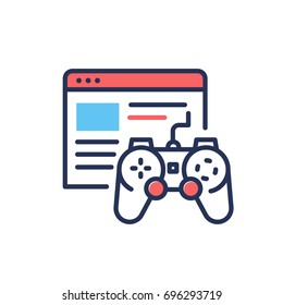 Browser Games - modern   vector single line design icon. An image depicting a red and blue color window of a video game connected to a controller on a white background. Use it for presentation