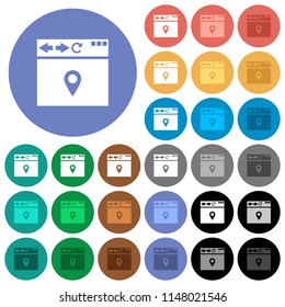 Browser get location multi colored flat icons on round backgrounds. Included white, light and dark icon variations for hover and active status effects, and bonus shades on black backgounds.