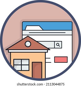 Browser with home building Vector Icon Design, urban and suburban house Symbol, Real Estate and Property Sign, Apartment and Mortgage Stock illustration, Digitalised Real Estate Business Concept , 