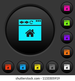Browser home page dark push buttons with vivid color icons on dark grey background