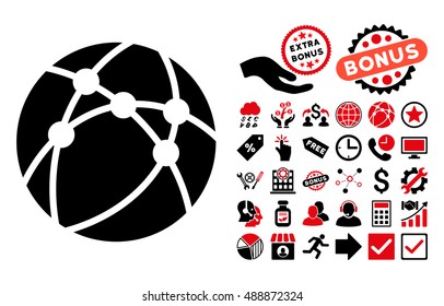 Browser icon with bonus symbols. Vector illustration style is flat iconic bicolor symbols, intensive red and black colors, white background.