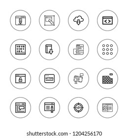 Browser icon set. collection of 16 outline browser icons with brickwall, code, coding, browser, download, https, menu icons.
