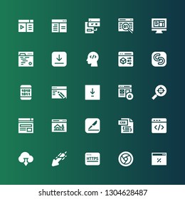 browser icon set. Collection of 25 filled browser icons included Browser, Chrome, Https, Download, Html, Css, Pages, Homepage, Search engine, Binary code, Safecopy backup, Coding