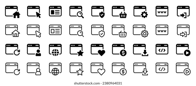 Browser-Symbol-Set. Website, Tab, Webseite, Online, Fenster und Schnittstelle. Kollektion von Vektorsymbol-Elementen