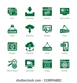 browser icons. Editable 16 browser icons. Included icons such as Html, Download, Browser, Pay per click, Close, Coding, Search engine. trendy icons for web.